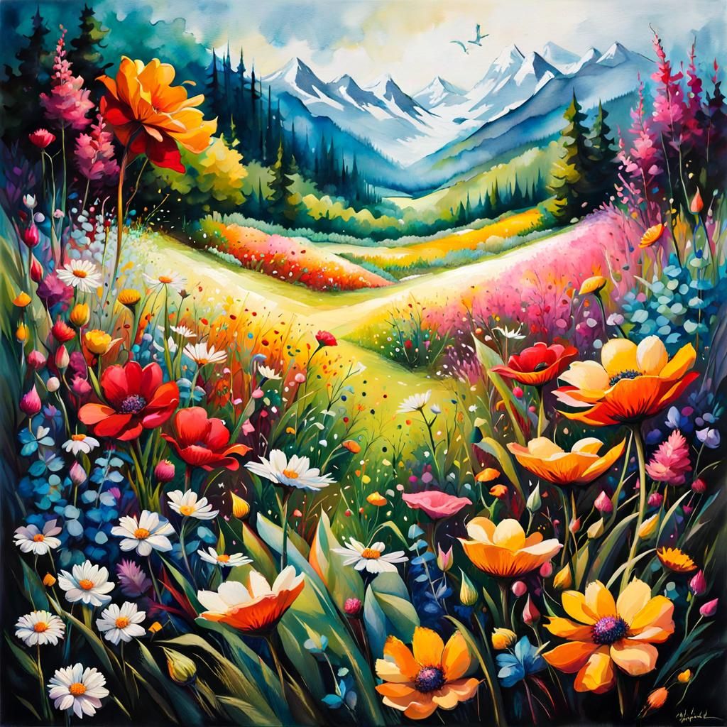 Beautiful Flower Meadow Digital Watercolor Illustration