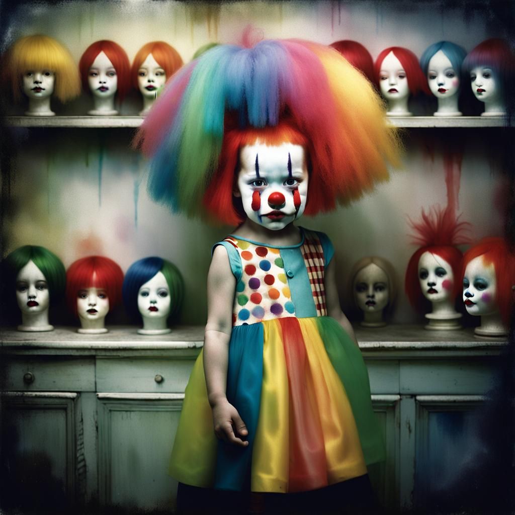 Girl in Clown Store with Wig, Surreal Photo
