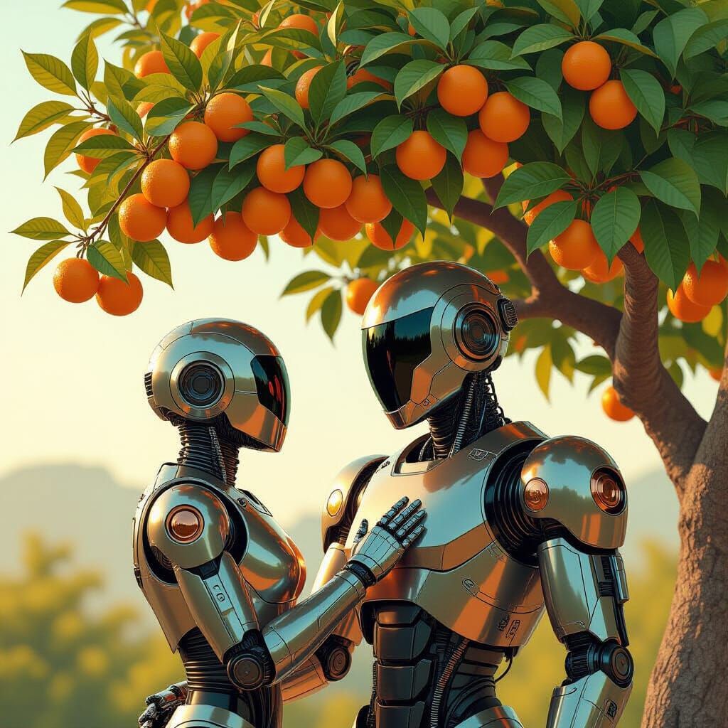 Robots Harvesting Oranges in Golden Light