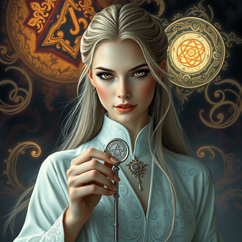 Mysterious Trickster Woman Embodies Whimsical Art Nouveau