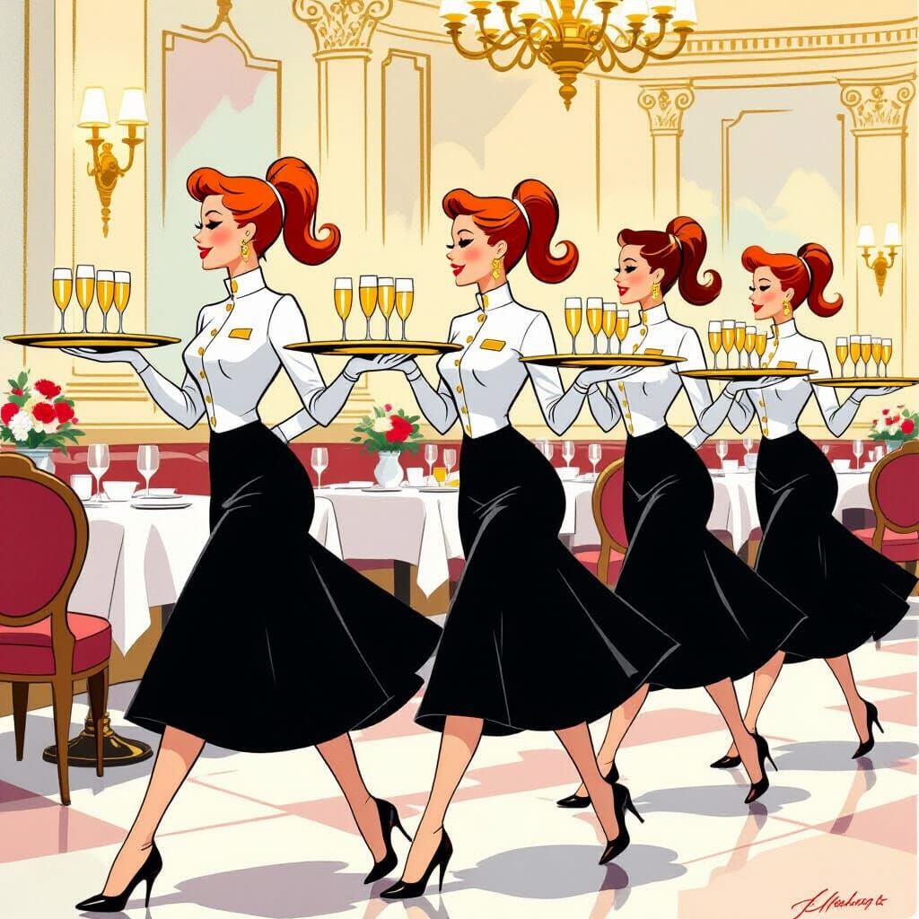 Elegant Restaurant Scene in Whimsical Caricature Style