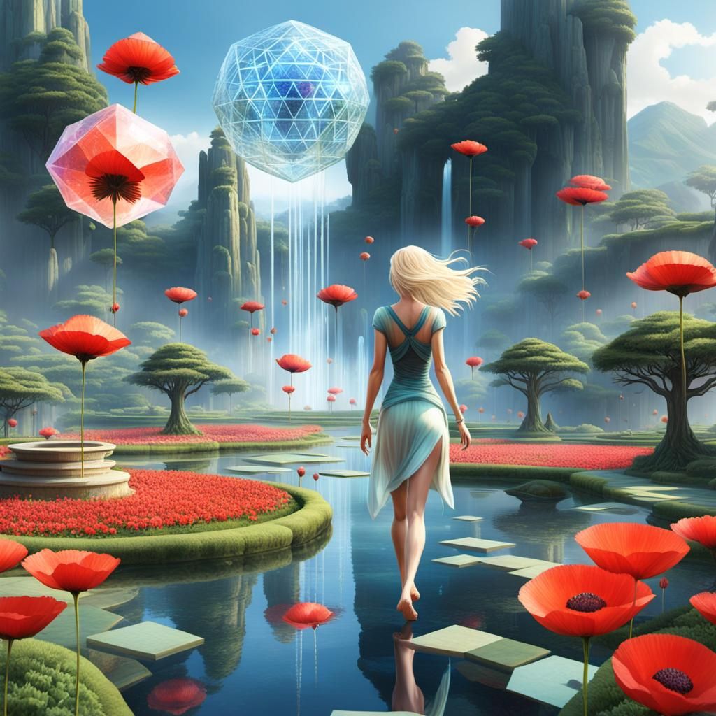 Cosmic Zen Garden with Floating Woman