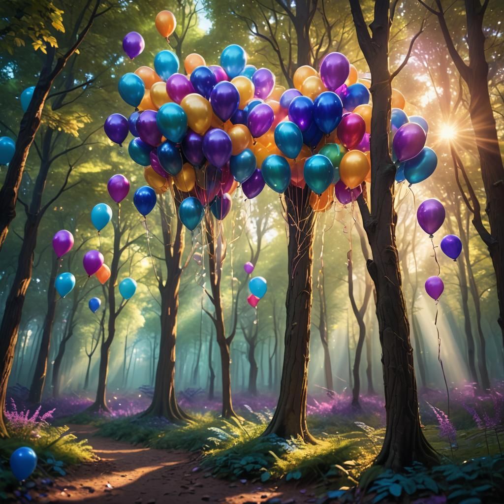Mystical Forest: Balloons Ascend in Fantasy Art