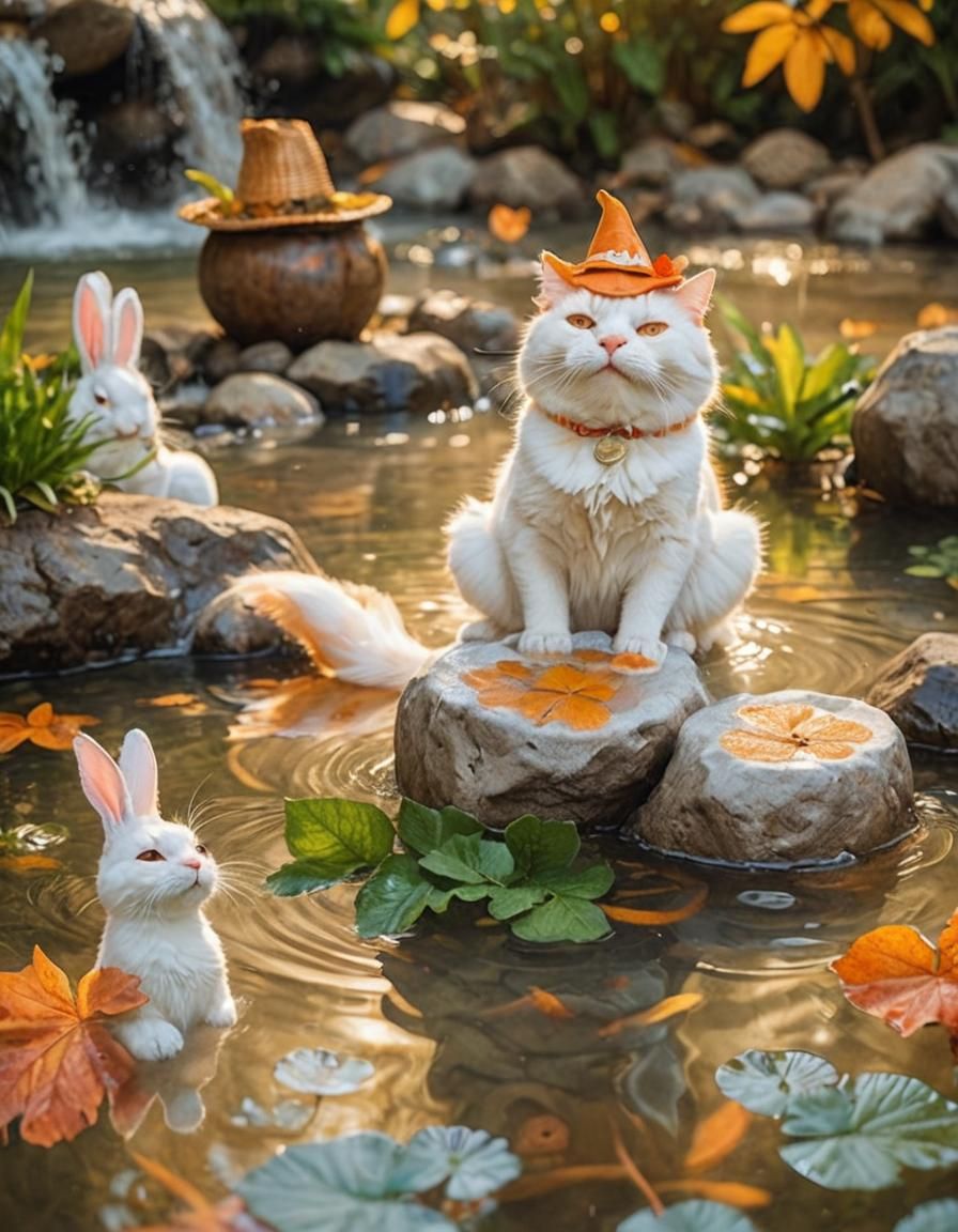 Cat and Rabbit Enjoying a Hot Spring
