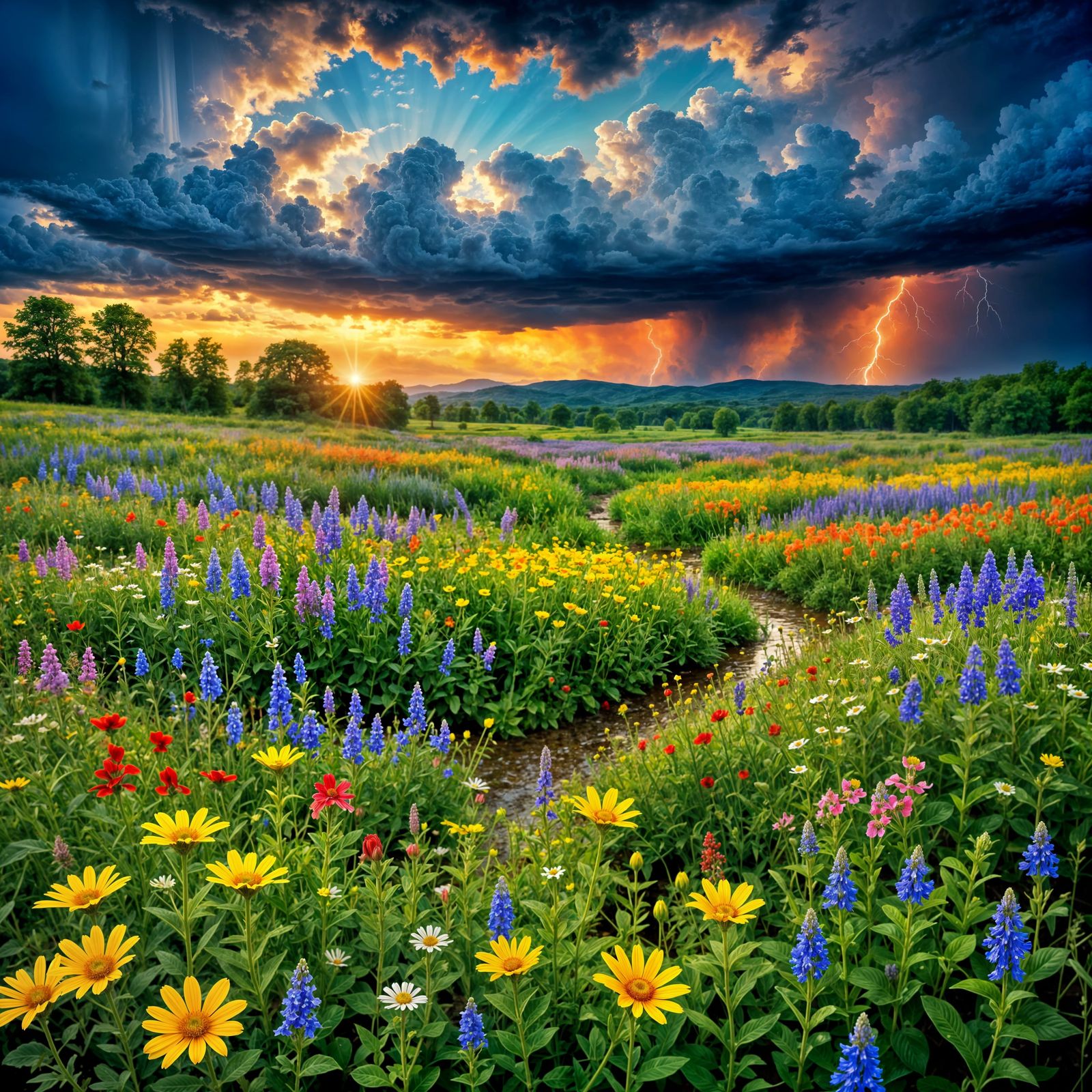 Wildflowers Bending in Summer Rain with Thunder Clouds