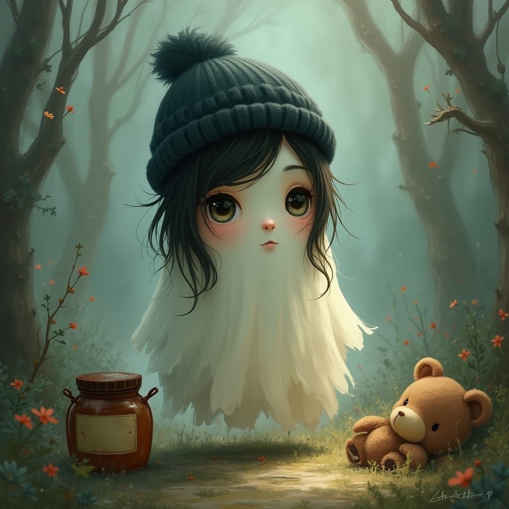 Ethereal Emo Ghost in Whimsical Watercolor Landscape