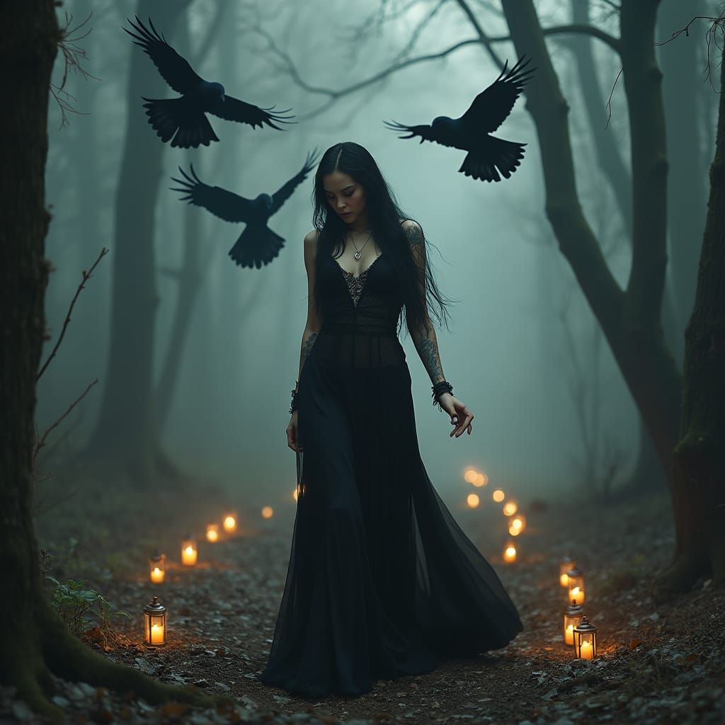 Ethereal Woman in Forest with Crows, Mystical Lighting