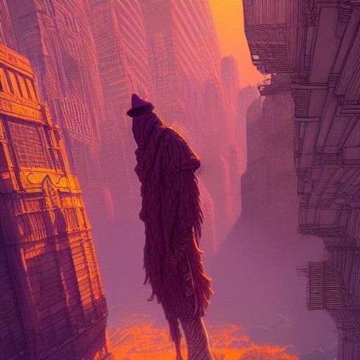 Street Performer in Moebius Style: Detailed Matte Painting