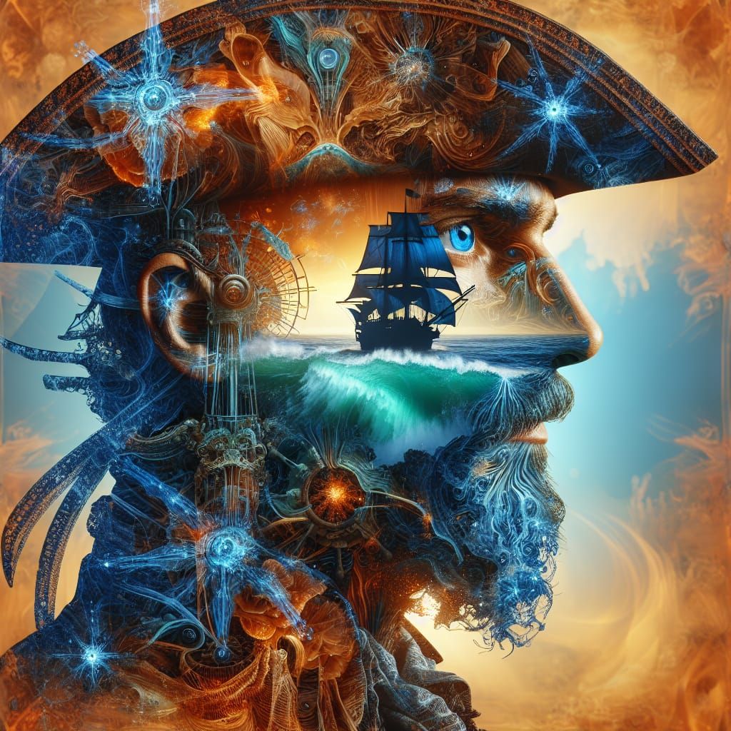 Mystical Pirate Silhouette Double Exposure in 8K