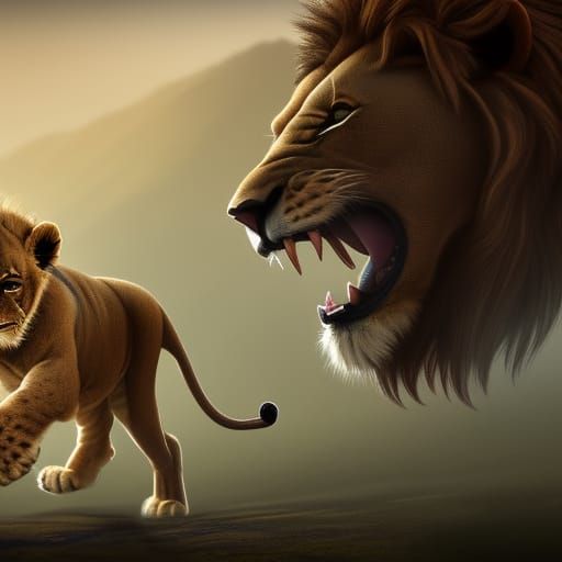 Lion Cub Running: Detailed Fantasy Art