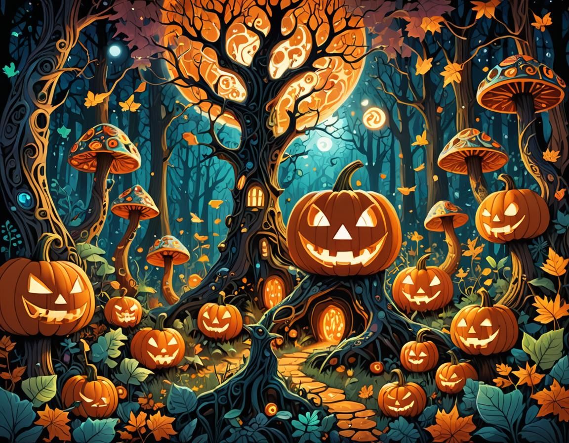 Magical Forest Animals Prepare for Halloween: Fractal Vector...