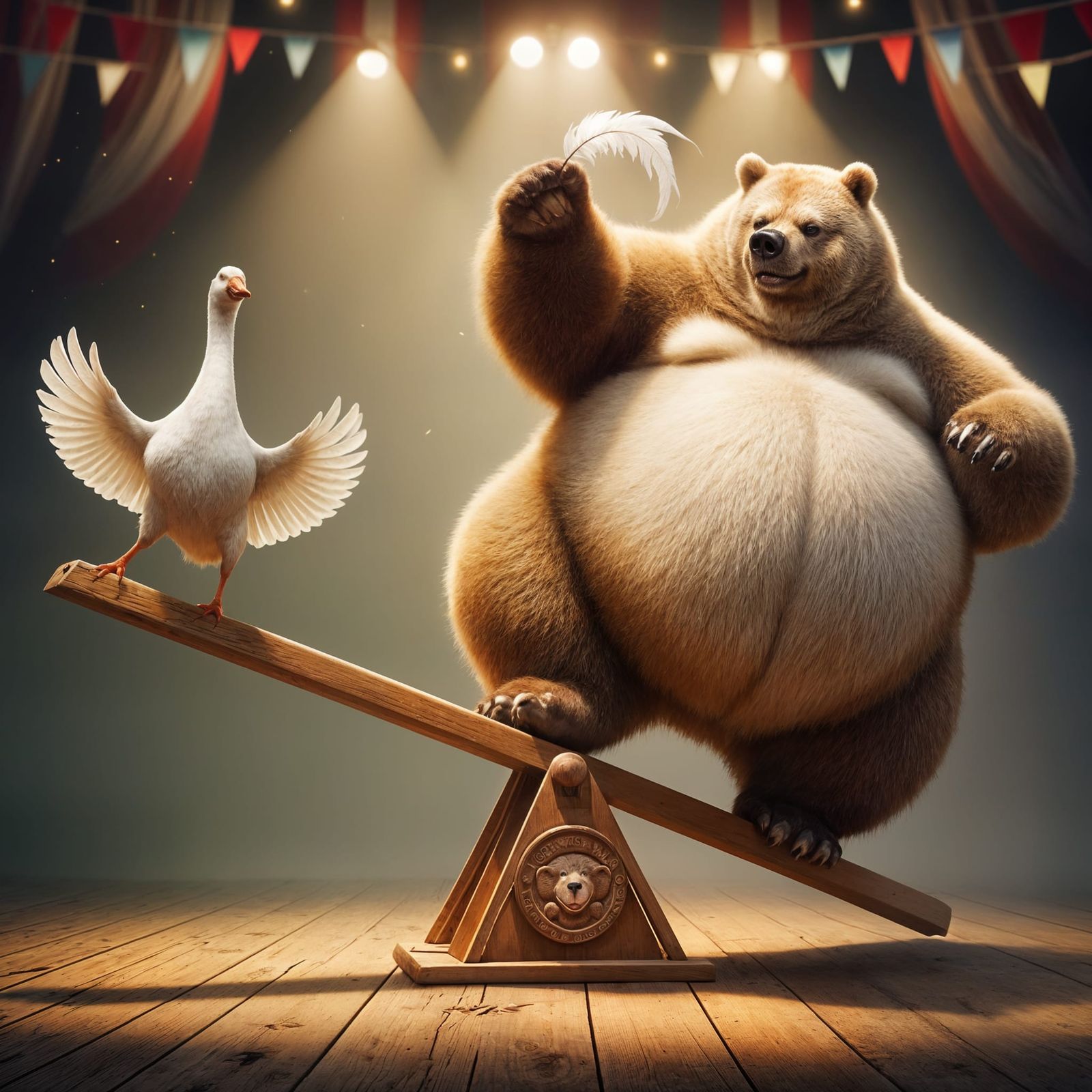Bear and Goose on a Seesaw in Spotlight