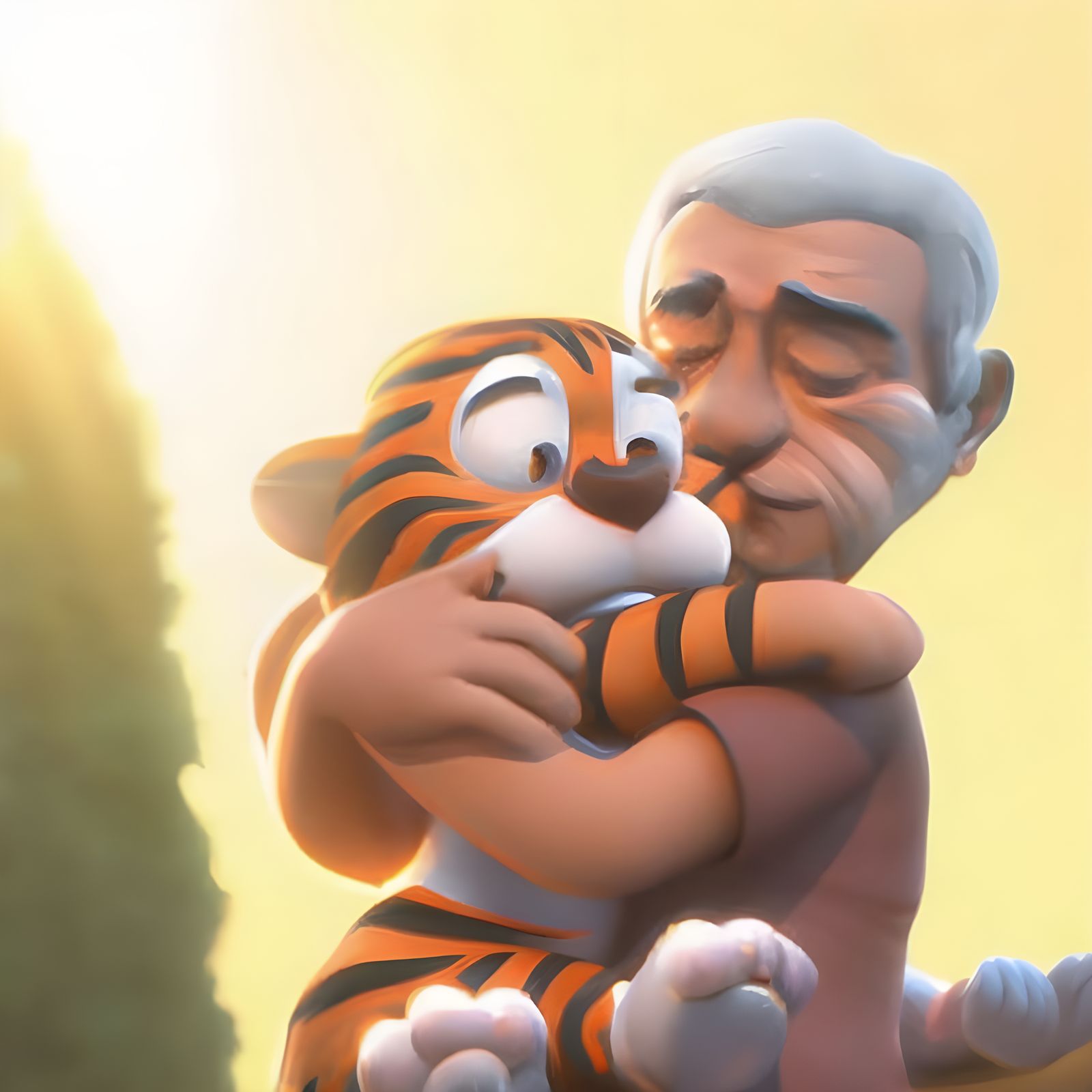 Adorable Old Man and Tiger Hug: 3D Pixar Style