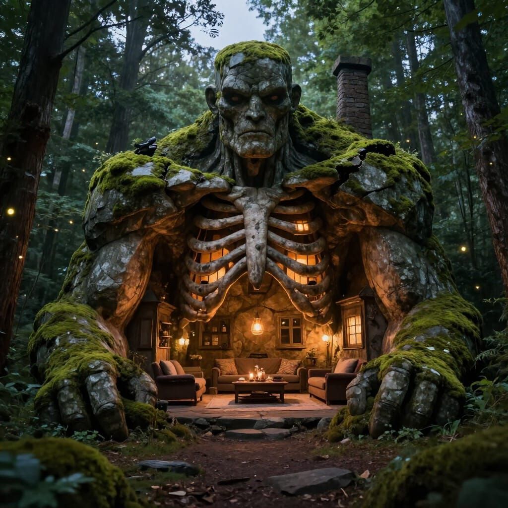Cozy Dwelling Inside Ancient Stone Giant in Forest