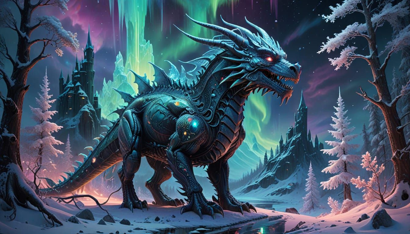 Surreal Dragon Strolls Through Snowy Forest Illuminated by N...