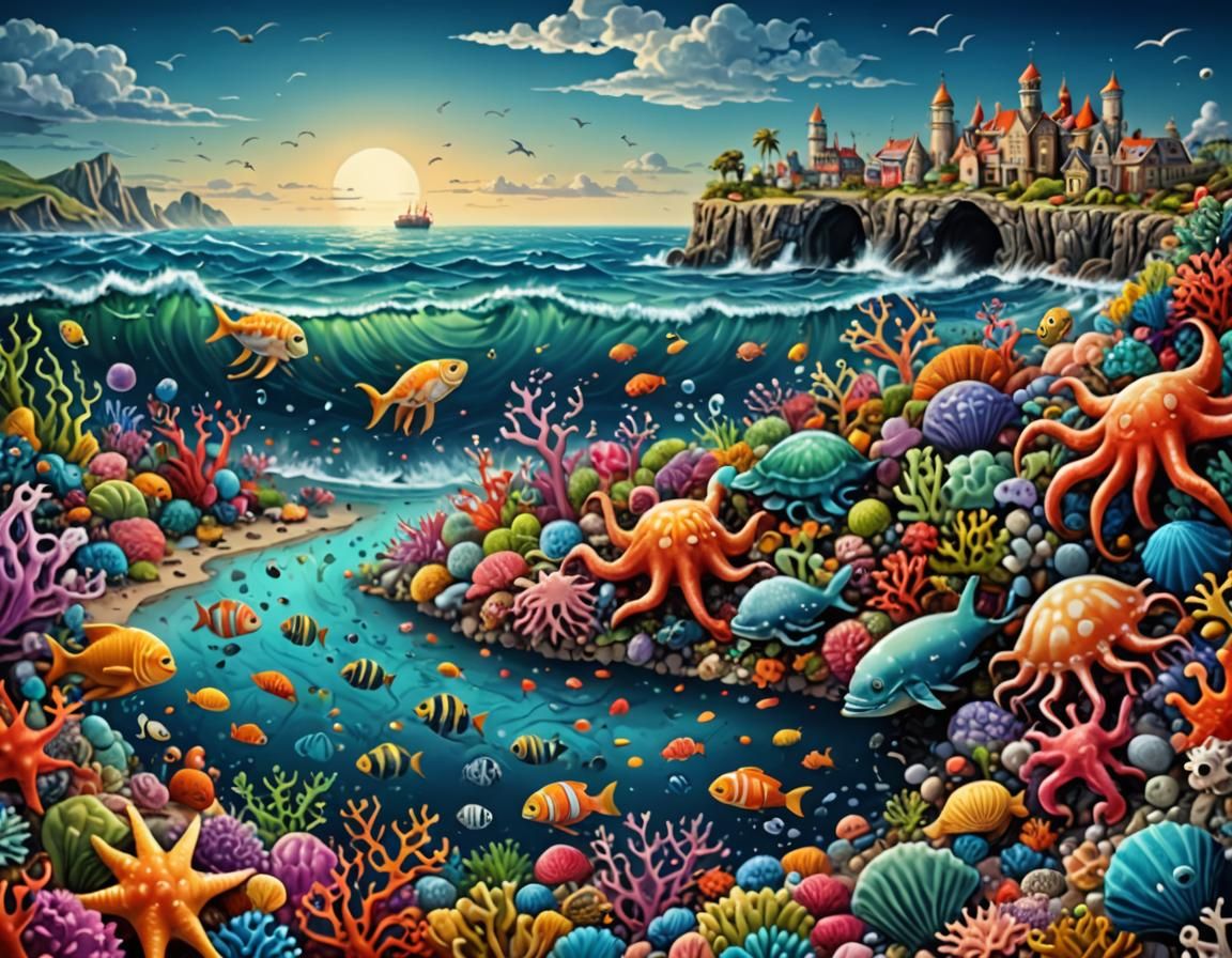 Surreal Shore Landscape with Fantastic Sea Creatures