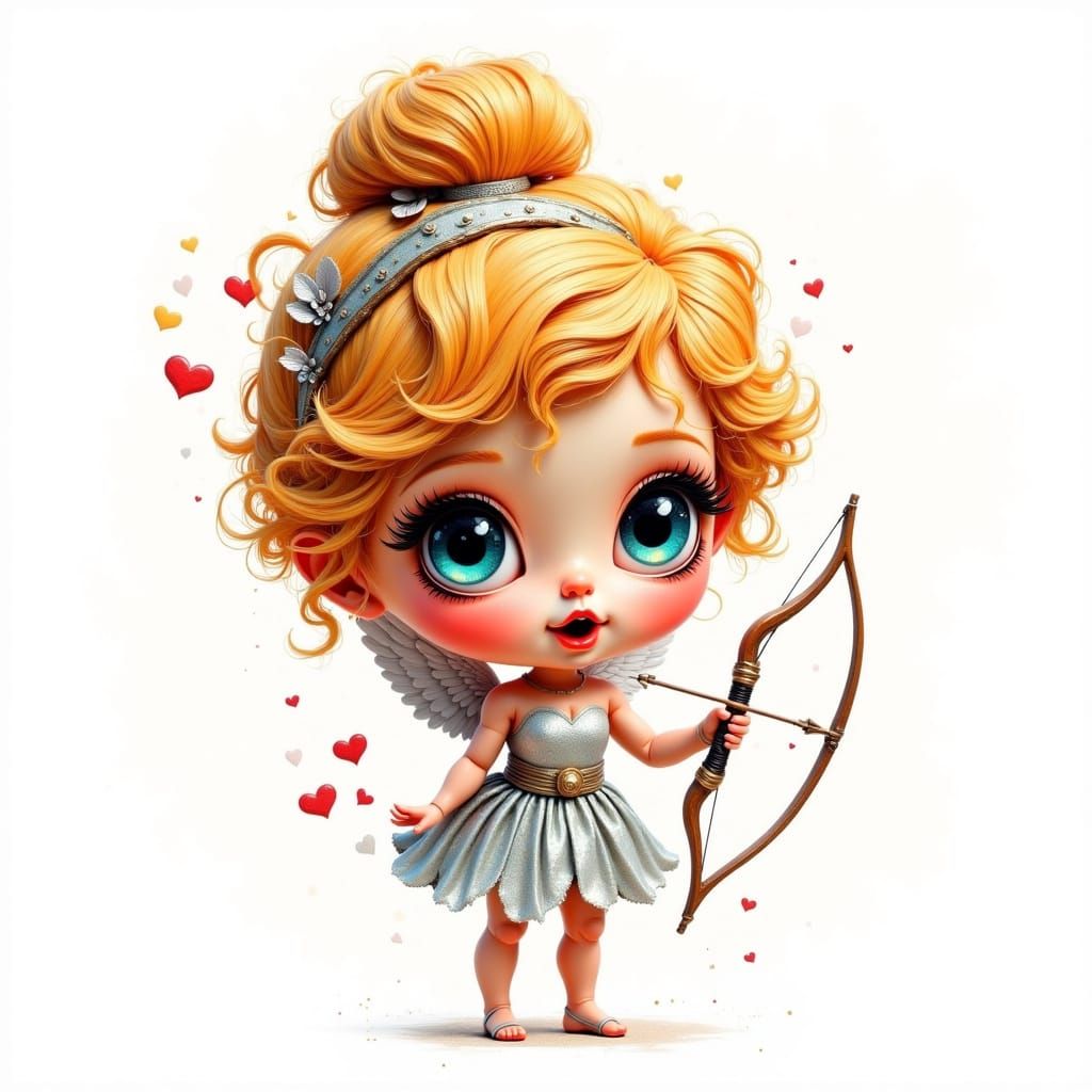 Cute Cartoon Cupid in Silver Dress Holding Bow and Arrow