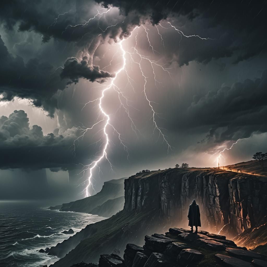 Dark Fantasy Cliffside Figure Under Stormy Sky