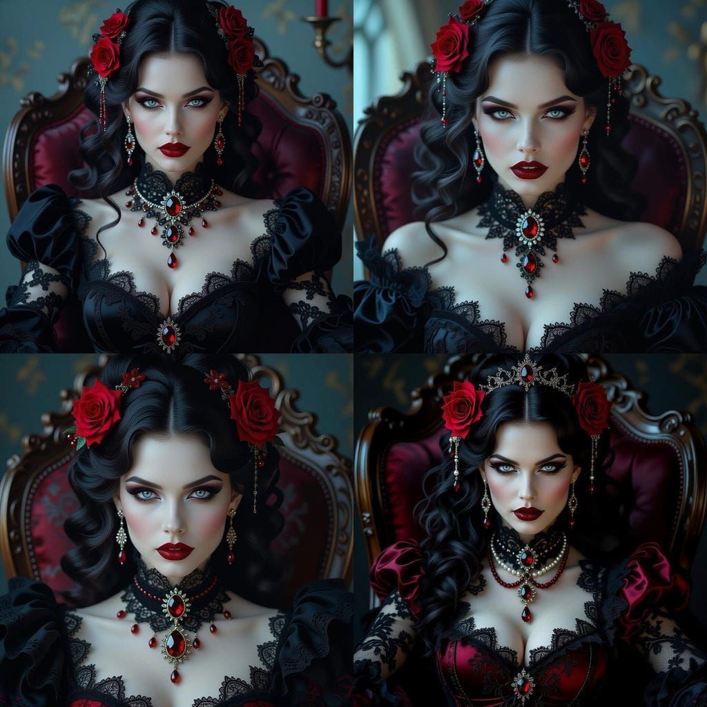 Gothic Vampire in Ornate Chair, Crimson Jewels and Lace