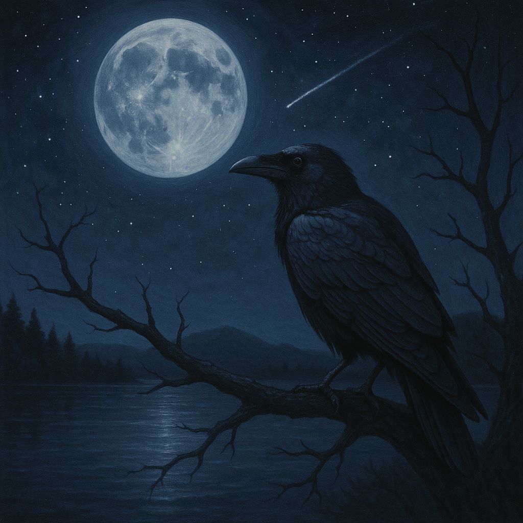Raven Under Moonlit Sky with Shooting Star