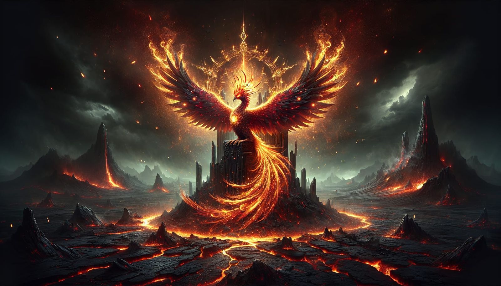 Majestic Phoenix on Obsidian Throne in Volcanic Wasteland