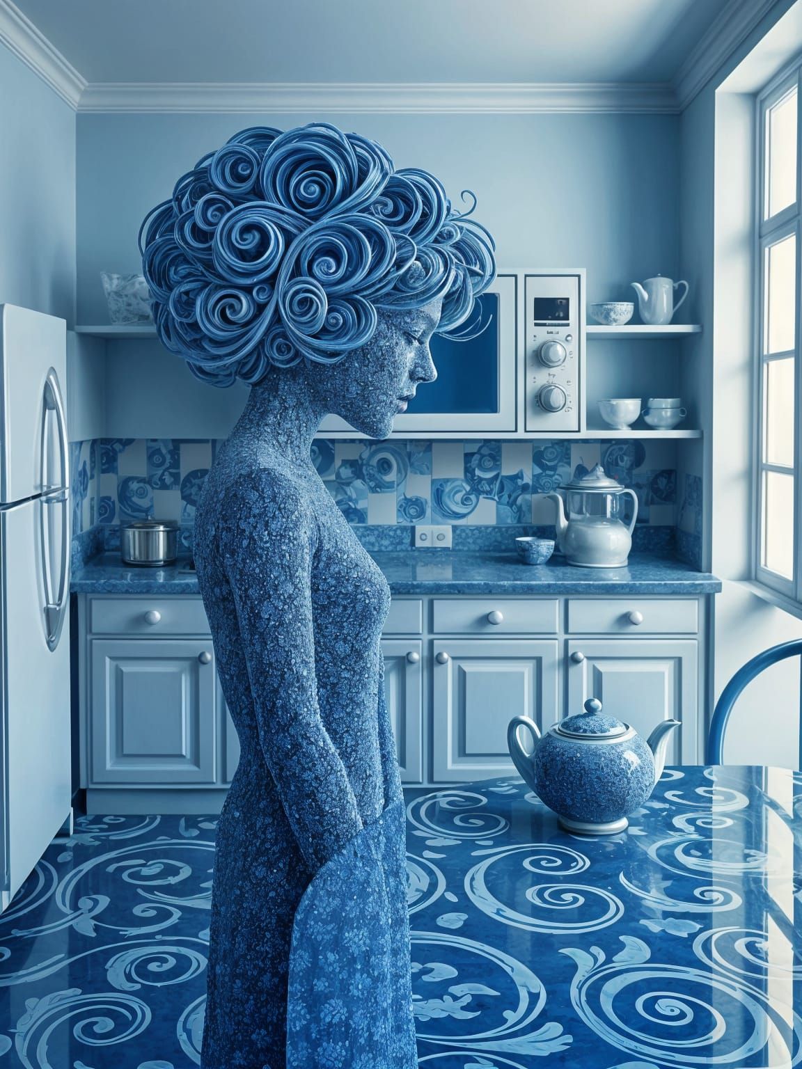 Surreal Blue Microwave Woman in Pointillist Kitchen
