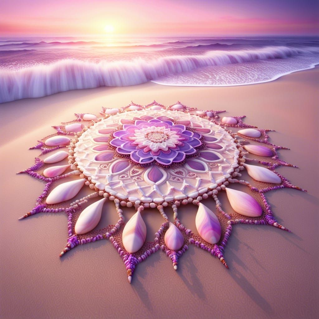 Sunrise Shell Mandala on Sandy Beach