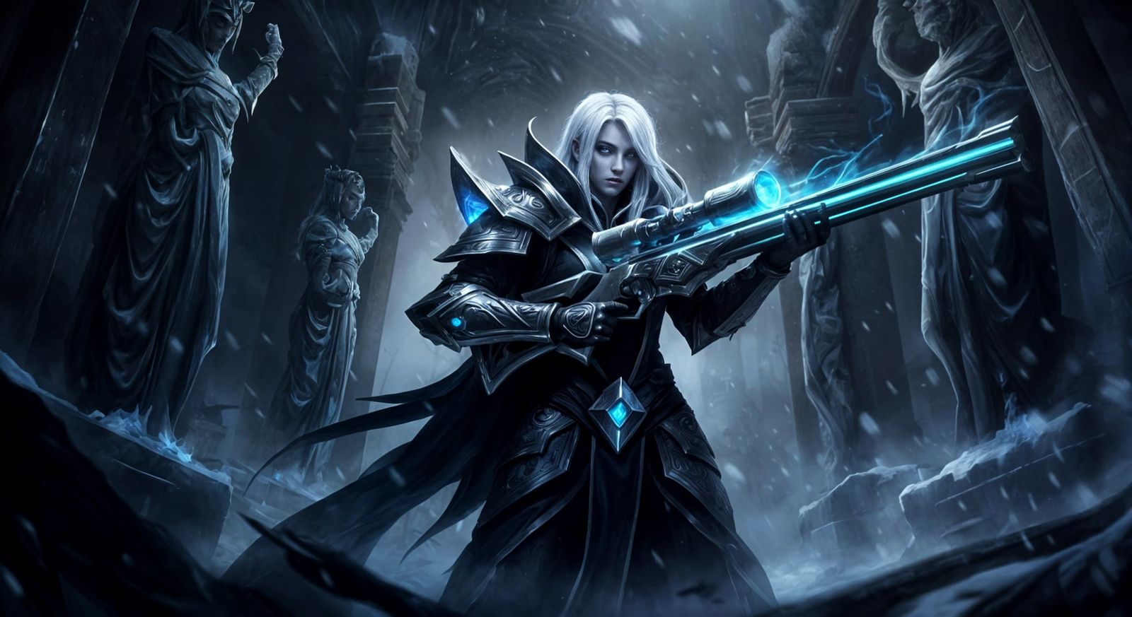 Mystical Warrior in Dark Temple with Glowing Rifle