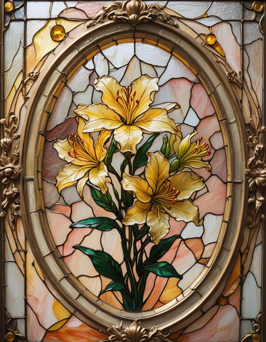 Traditional-Stained glass art, medium shot. Small, vibrant y...
