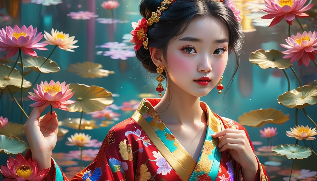 Disney Princess in Kimono Reflecting in Lotus Pond