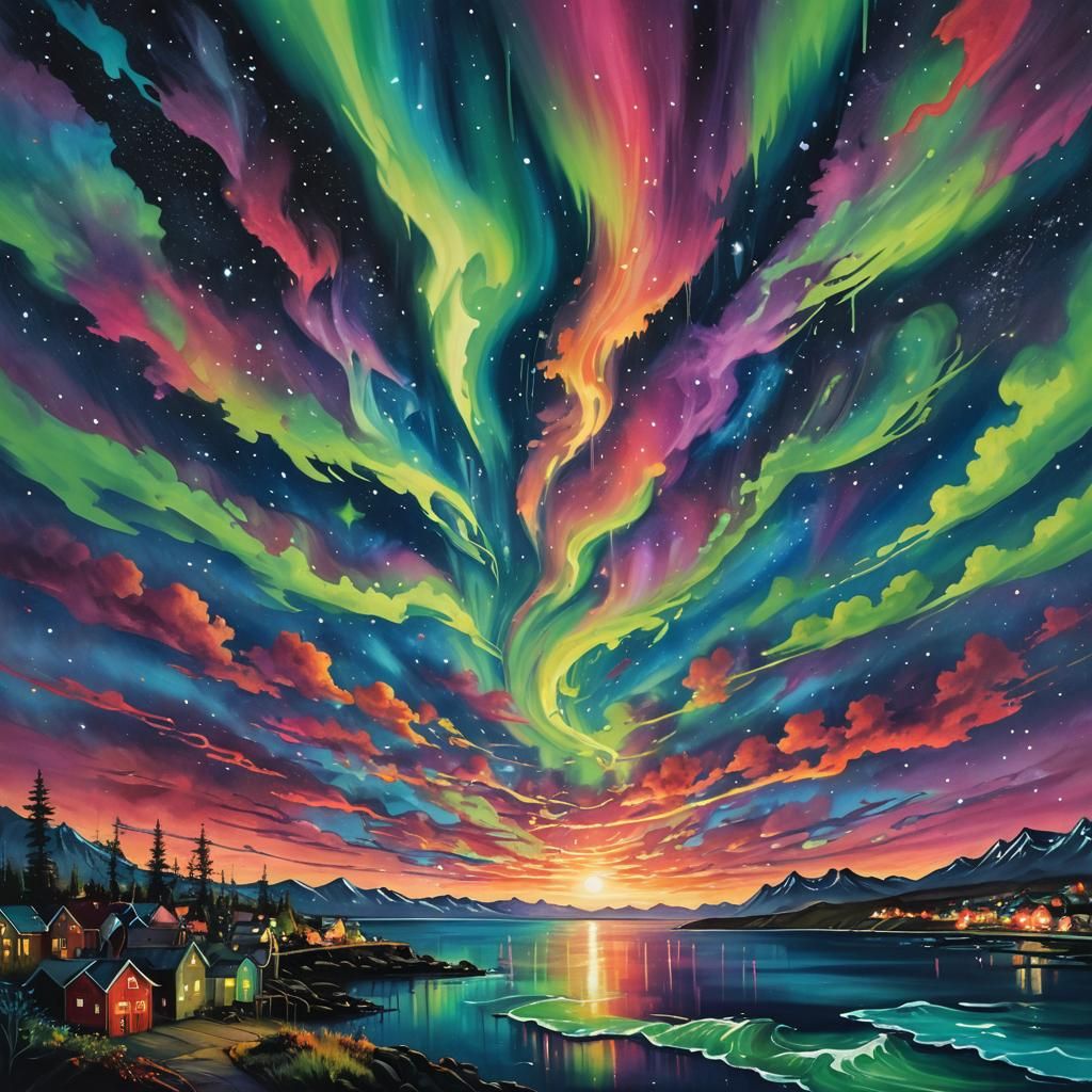 Surreal Graffiti Art of Northern Lights Ocean