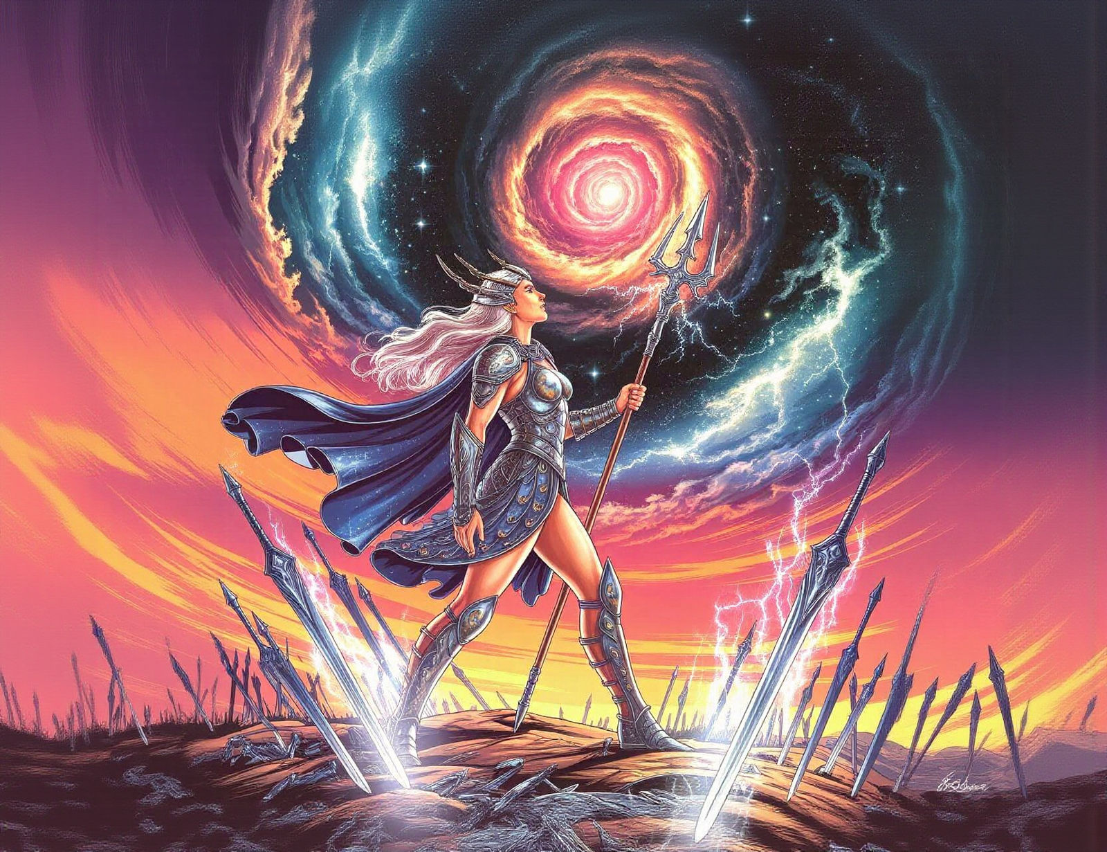 Valkyrie Warrior Amidst Cosmic Battlefield in Ethereal Style
