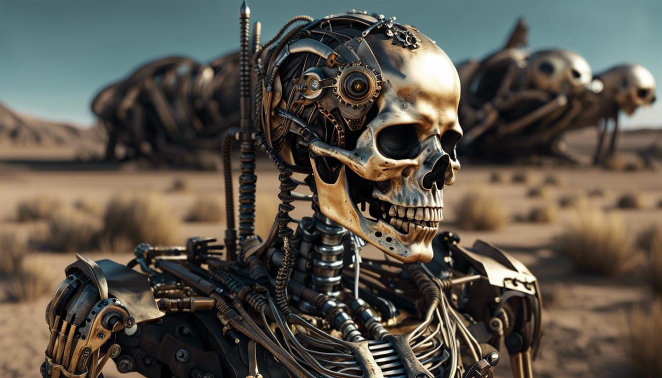 Cyberpunk Skeleton in Desert Wasteland