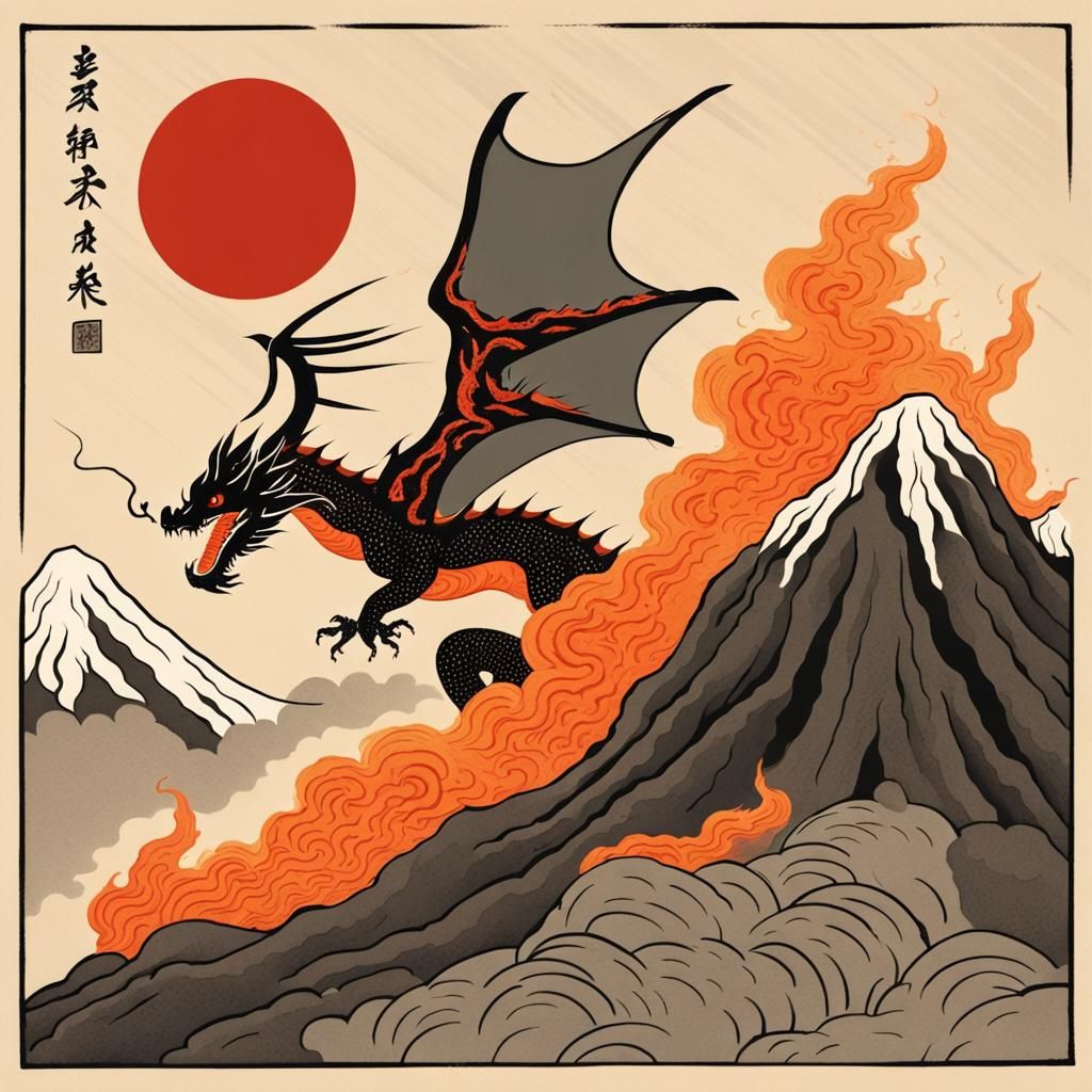 Ukiyo-e Dragon Ascending from Volcano