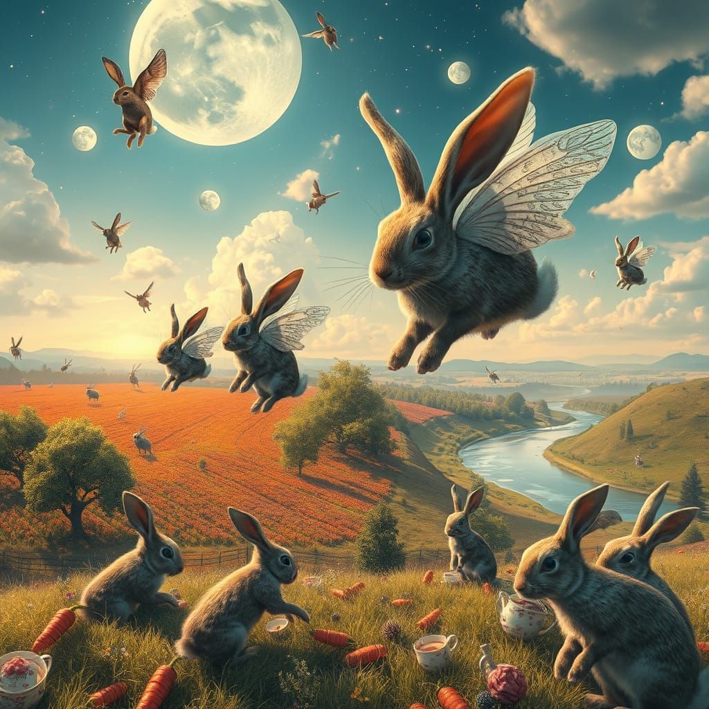 Surreal Dreamscape: Clockwork Rabbits in Flight