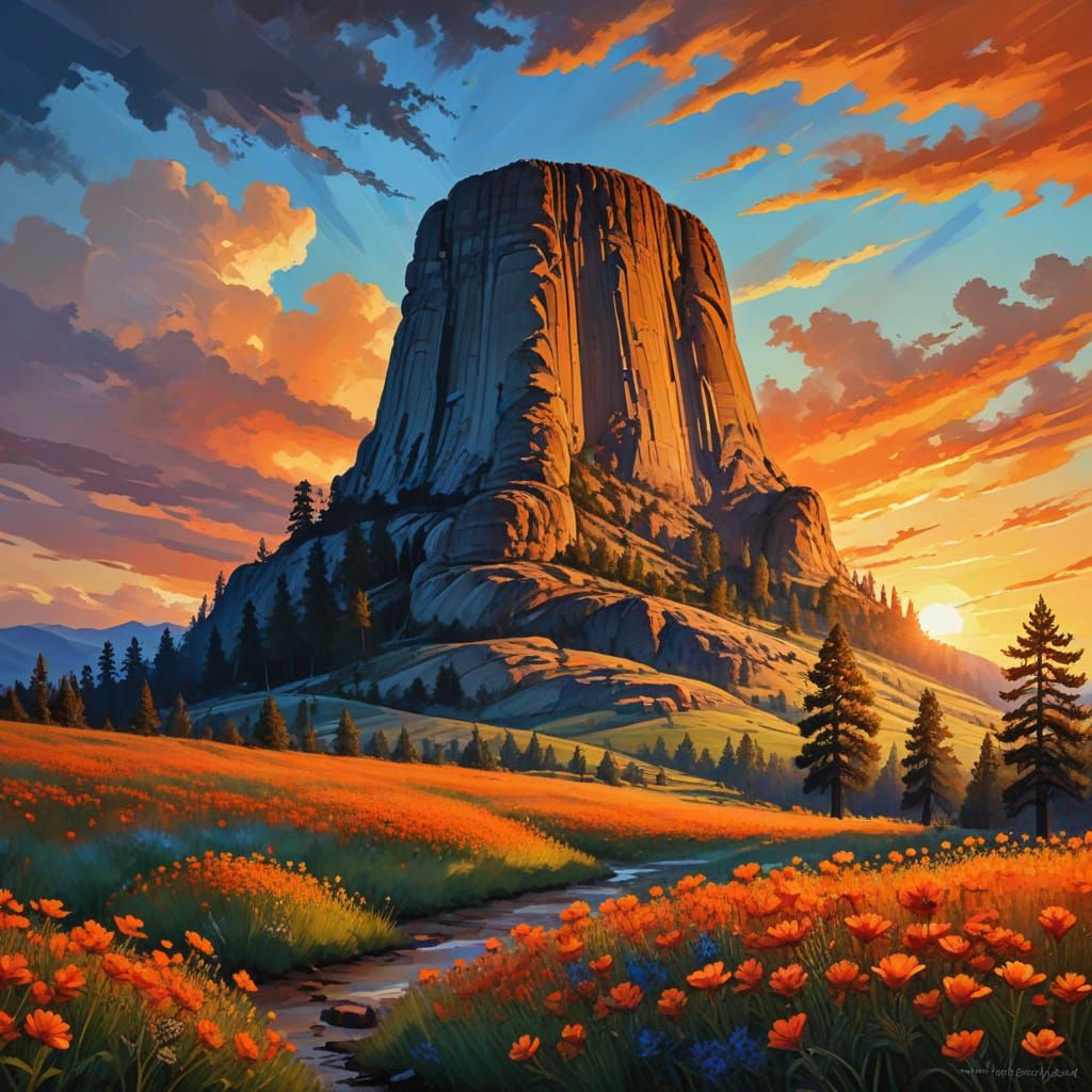 Devil's Tower Sunset in Fantasy Art Style