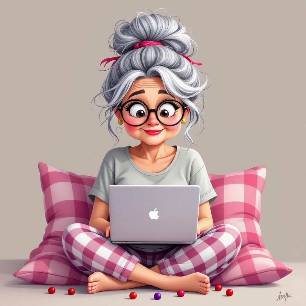 Elderly Woman Focused on Laptop on Pink Cushion