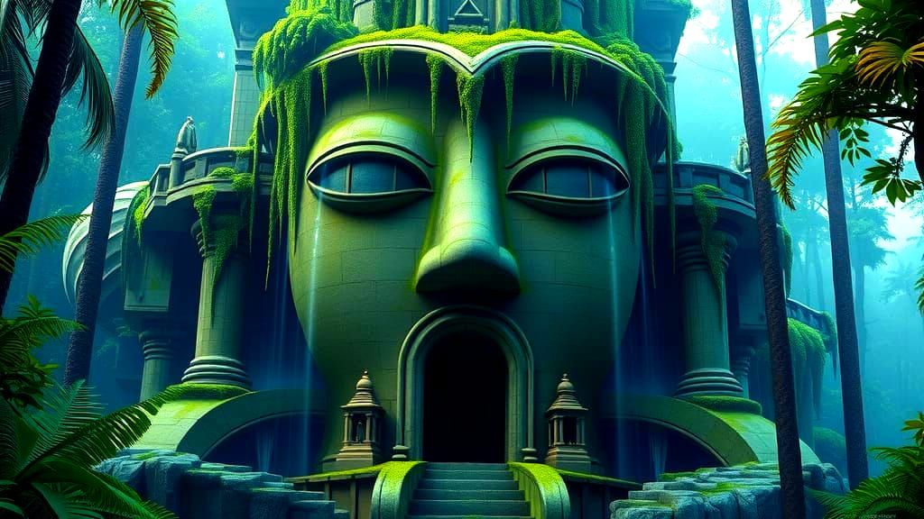 Ancient Jungle Temple Forms Serene, Mystical Face