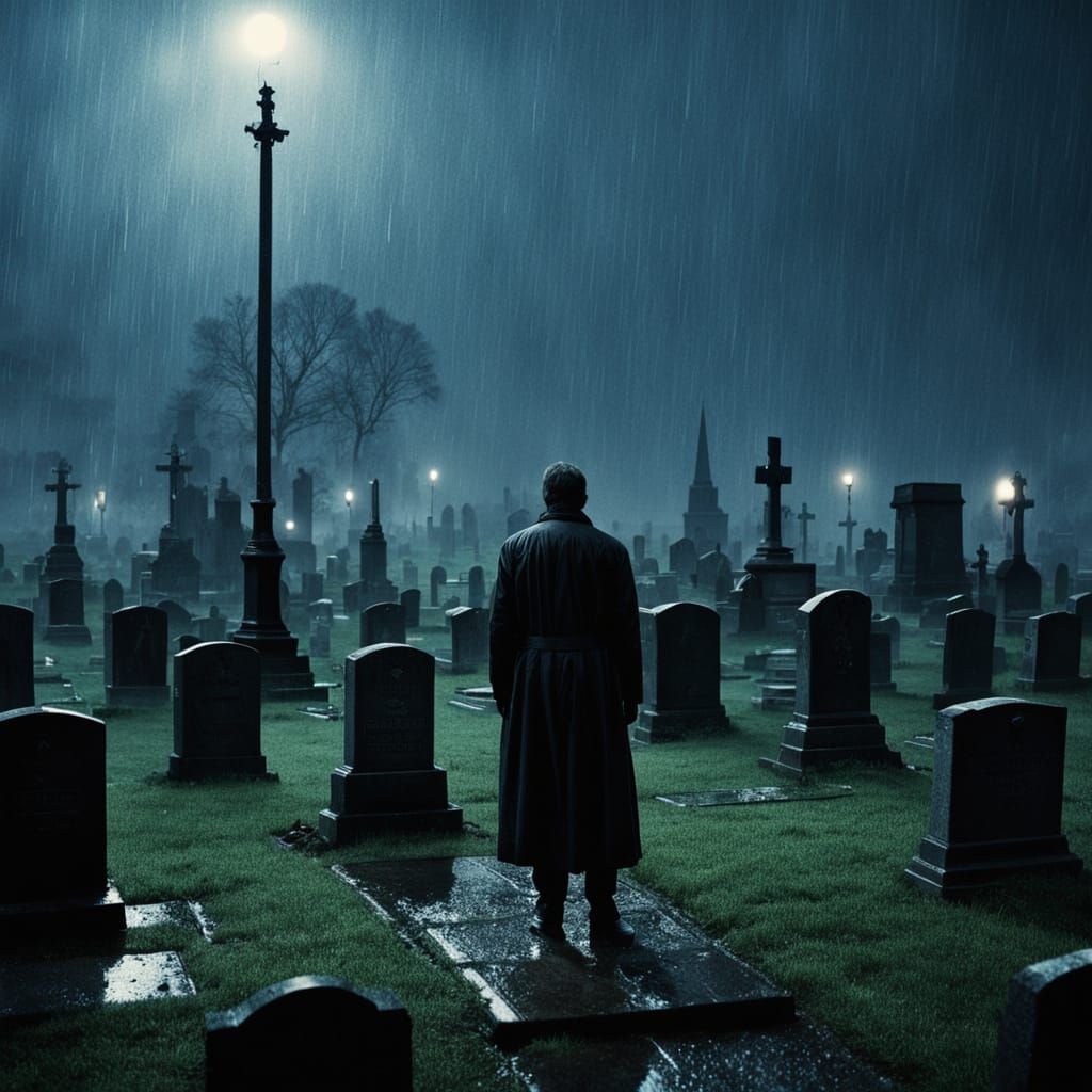Lonely Figure Amidst Tombstones Under Dark Skies