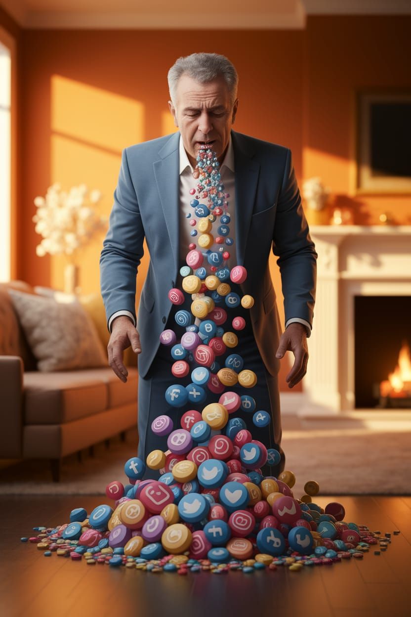 Surreal Scene of Digital Overload in a Cozy Living Room