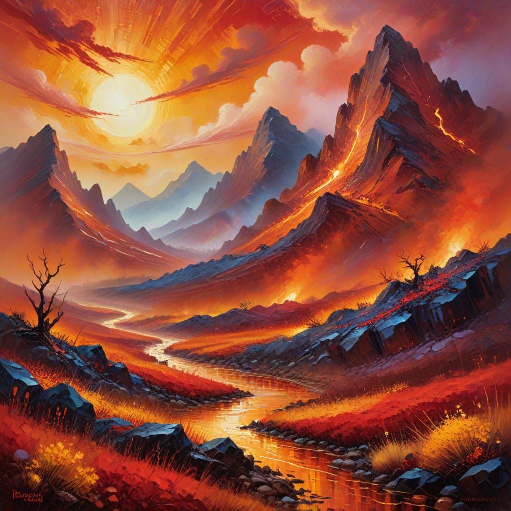 Fiery Surreal Landscape as Impasto Oil Painting
