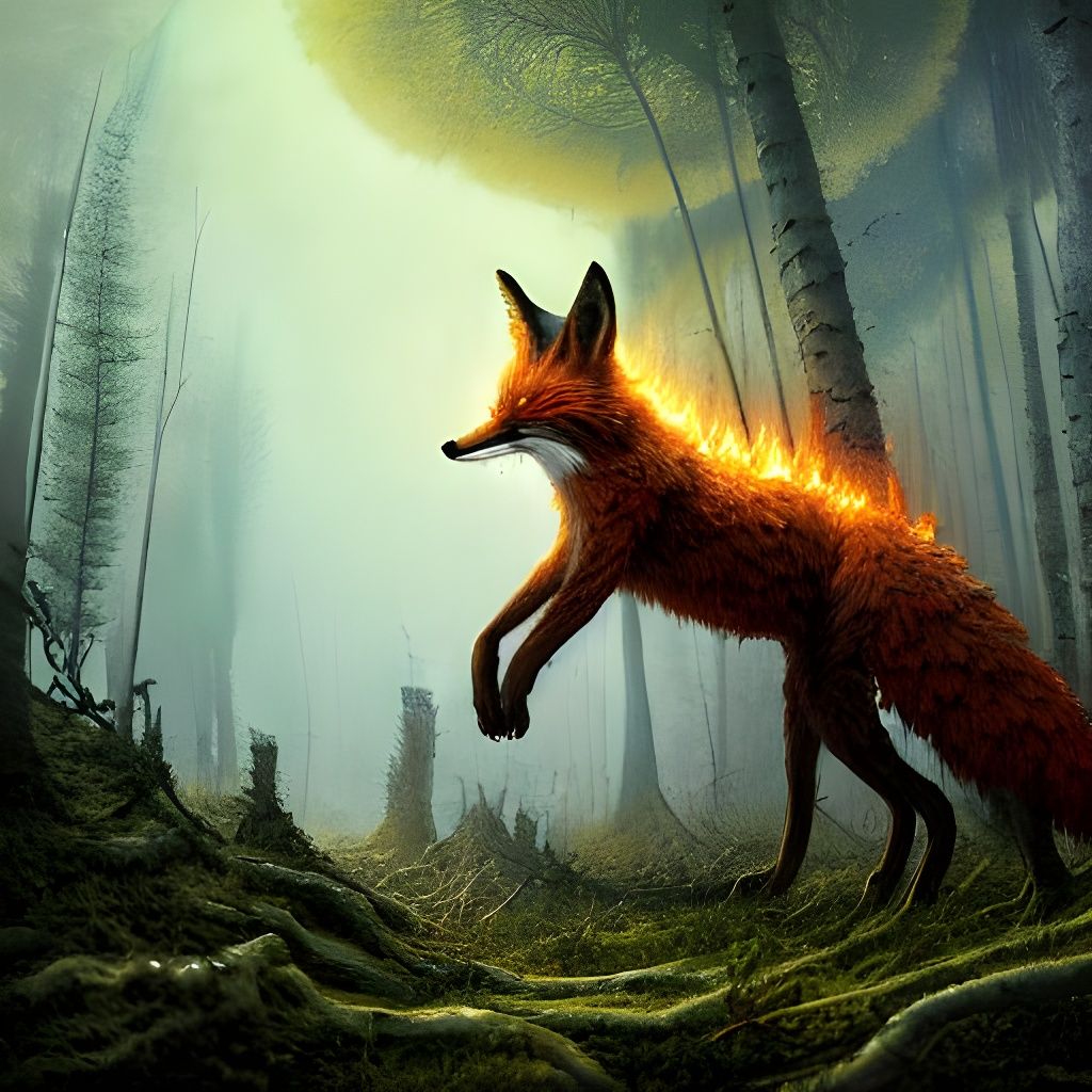 Fiery Fox in Forest: Digital Biopunk Art