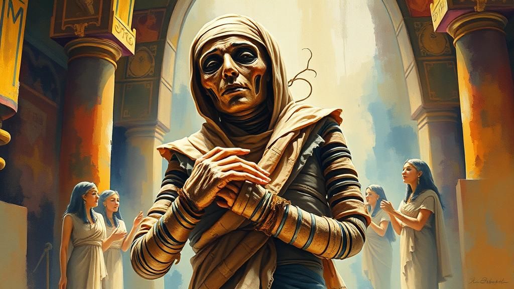 Mummy Dancing in Egyptian Tomb, Gouache Style