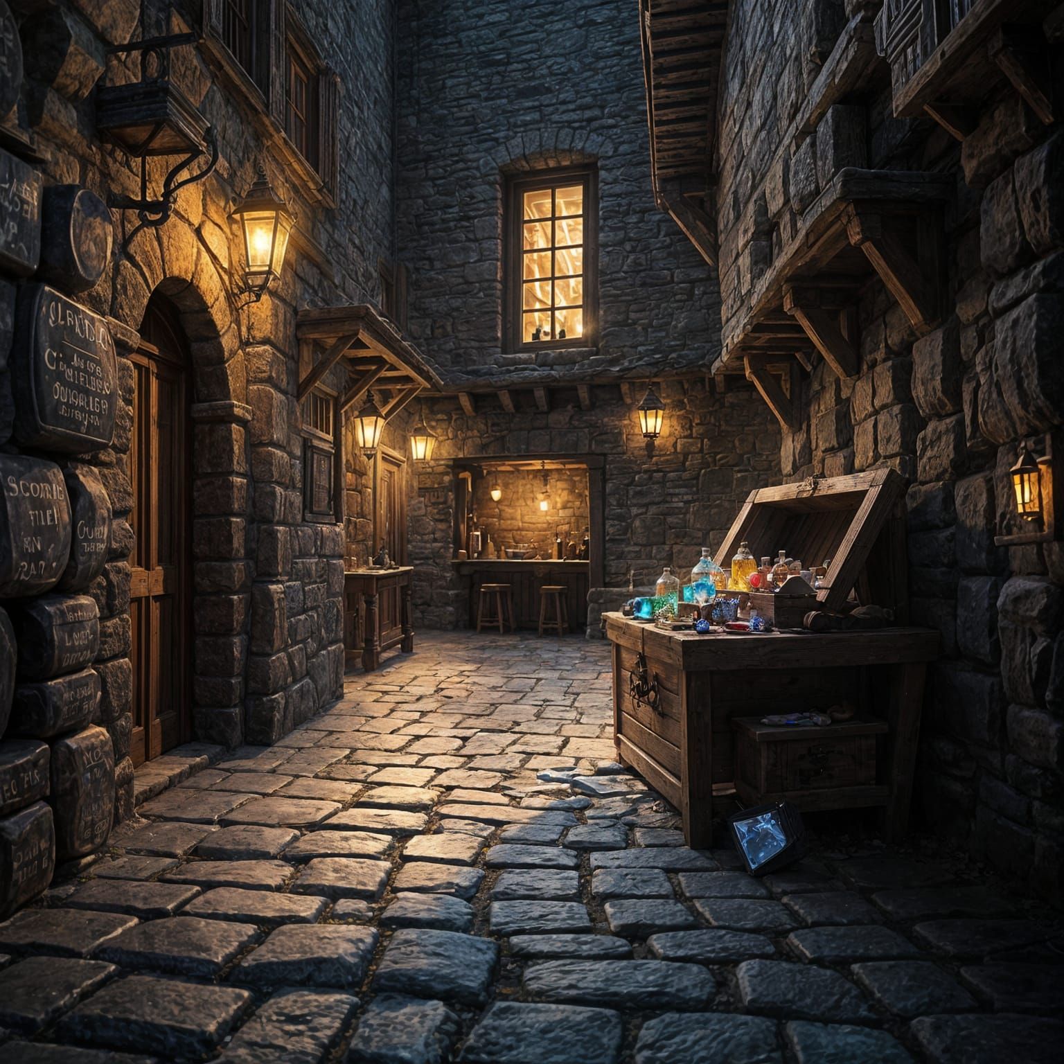 Treasure Chest in Dim Alleyway: Detailed Concept Art