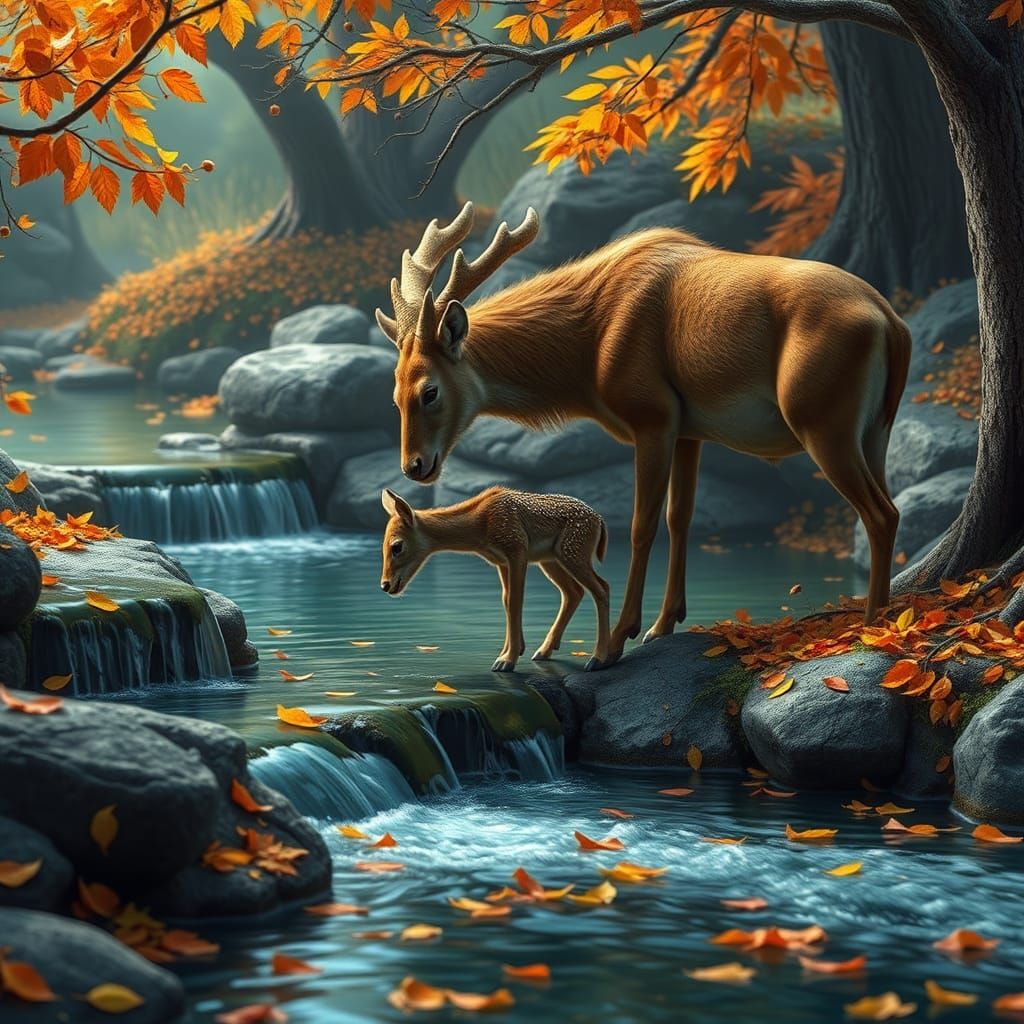 Un venado y su cria se encuentra agachando la cabeza para beber agua al borde de un estanque de aguas cristalinas en un...