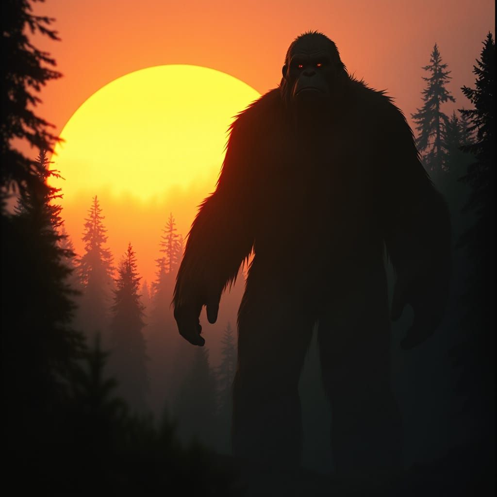 A massive, ancient bigfoot stands silhouetted against a fier...