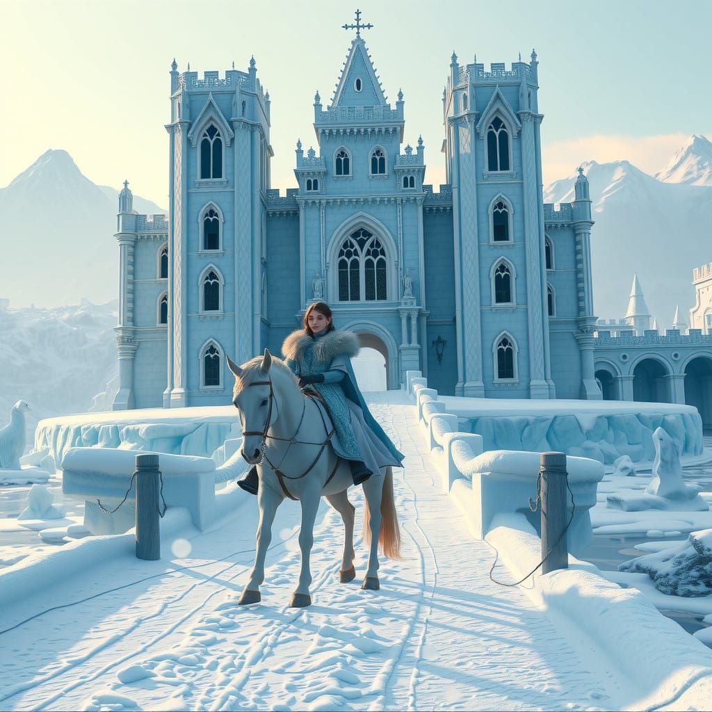 Elegant Winter Scene with Gothic Ice Castle and Majestic Hor...