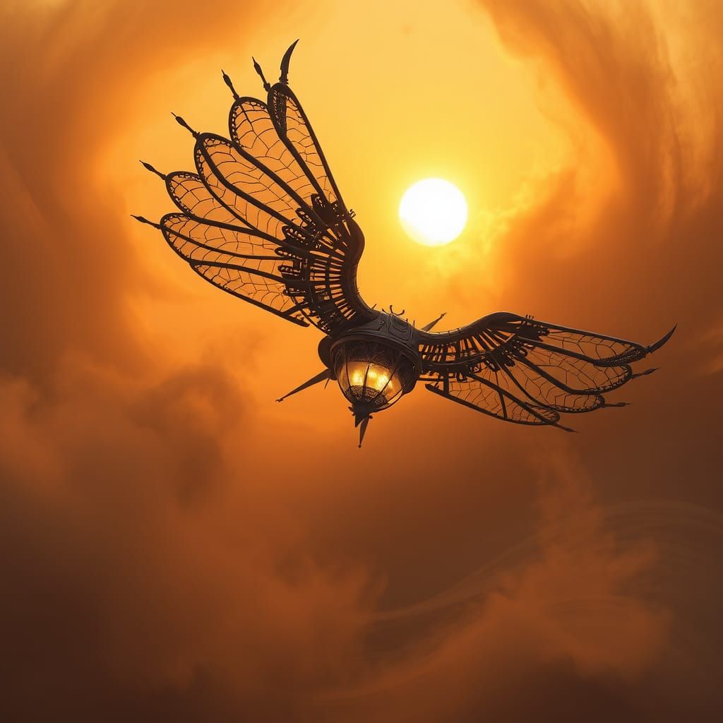 Ornithopter-Inspired Flying Lamp in Arrakis Sunset