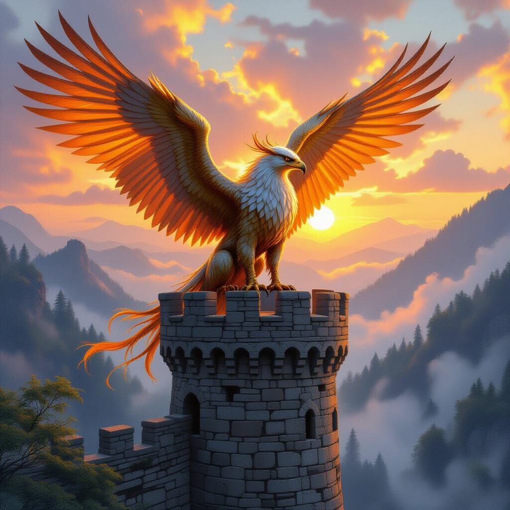 Golden Griffin Perched Atop Stone Tower in Fantasy Style