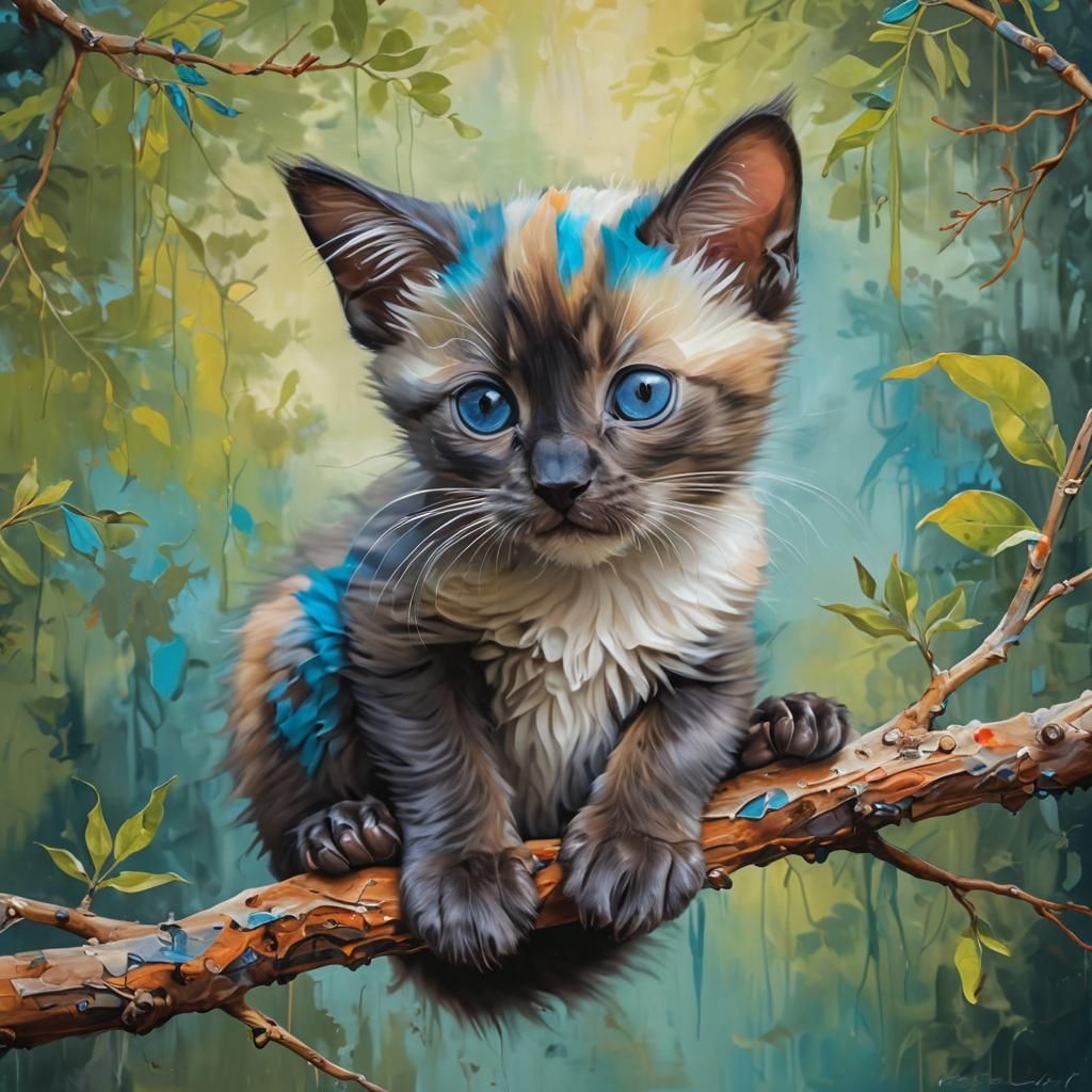 Siamese Kitten on Branch in Triadic Colors